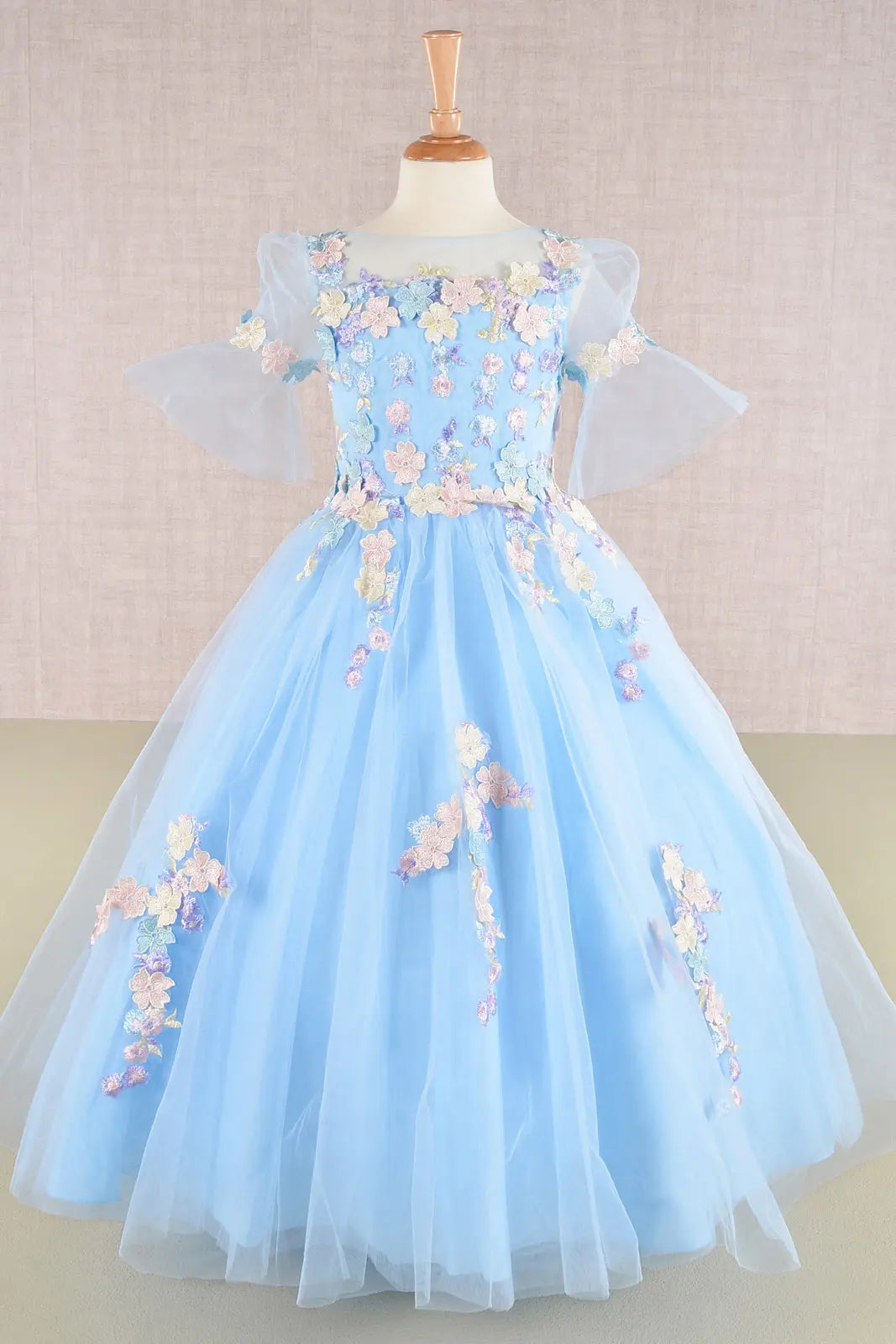 3 d flower applique mesh kids dress w long back hem GLGK107