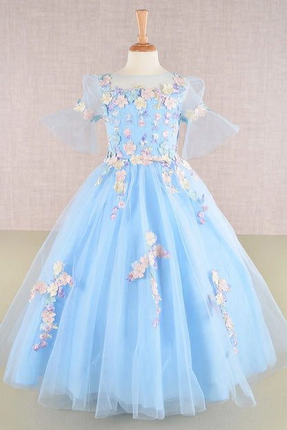 3 d flower applique mesh kids dress w long back hem GLGK107