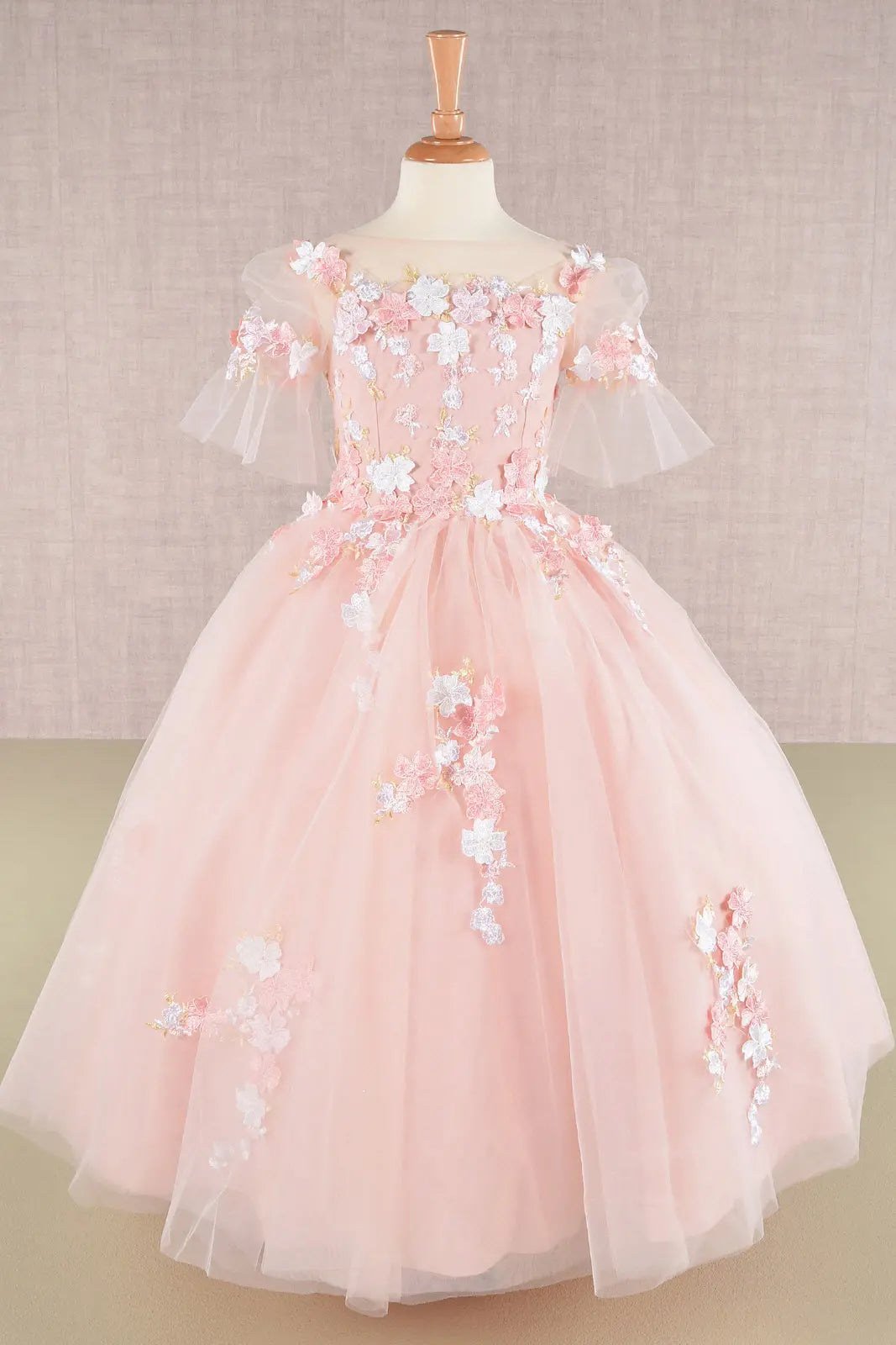 3 d flower applique mesh kids dress w long back hem GLGK107