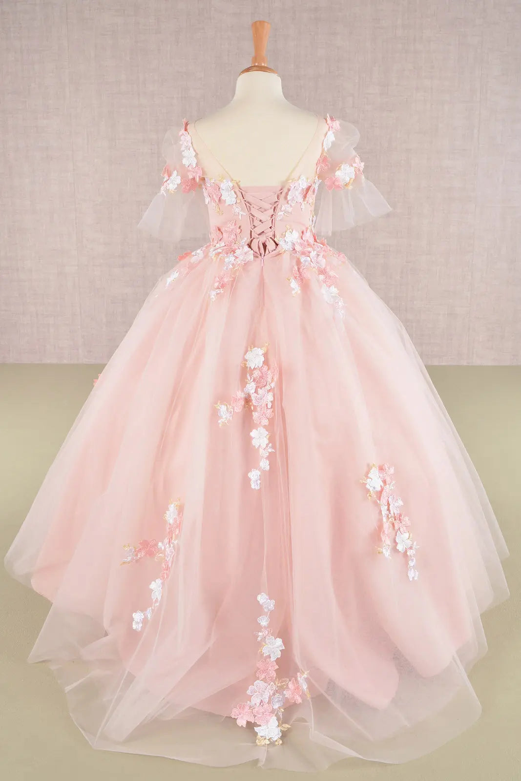 3 d flower applique mesh kids dress w long back hem GLGK107