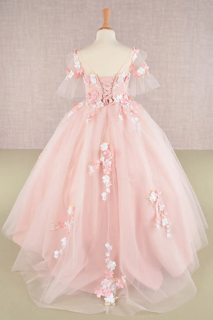 3 d flower applique mesh kids dress w long back hem GLGK107