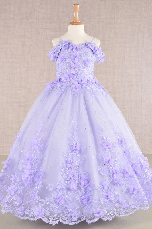 Flower applique glitter embroidery mesh kids dress GLGK110