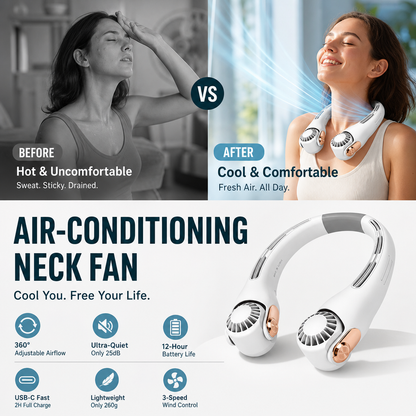 Neck Air Conditioner Fan – Ultra‑quiet, 360° rotating, 3 speeds. Hands‑free cooling, long battery. Summer essential! 😎🌬️