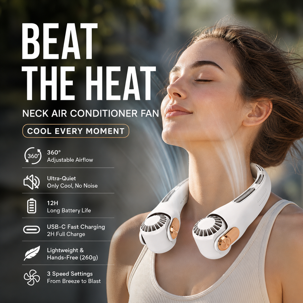 Neck Air Conditioner Fan – Ultra‑quiet, 360° rotating, 3 speeds. Hands‑free cooling, long battery. Summer essential! 😎🌬️