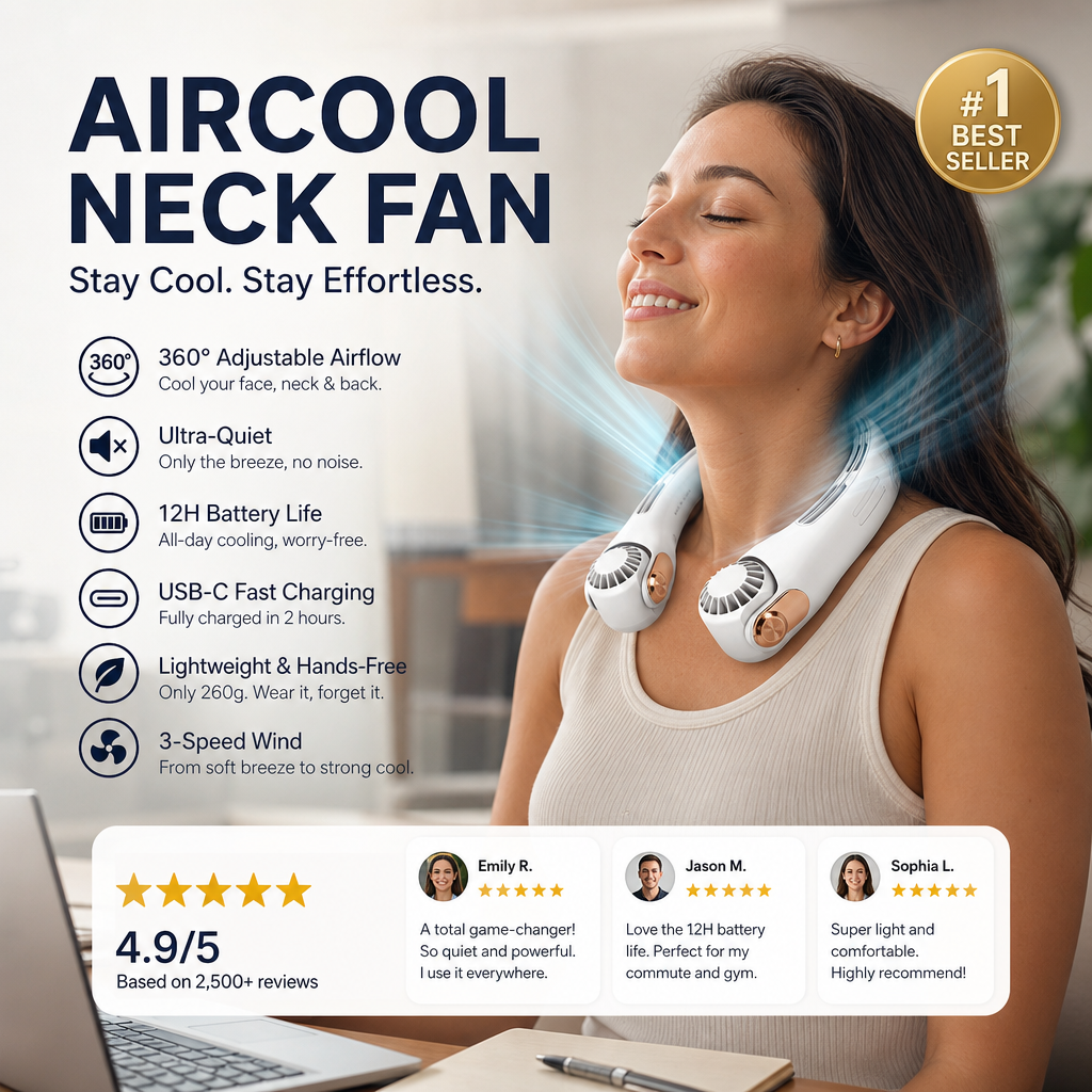 Neck Air Conditioner Fan – Ultra‑quiet, 360° rotating, 3 speeds. Hands‑free cooling, long battery. Summer essential! 😎🌬️